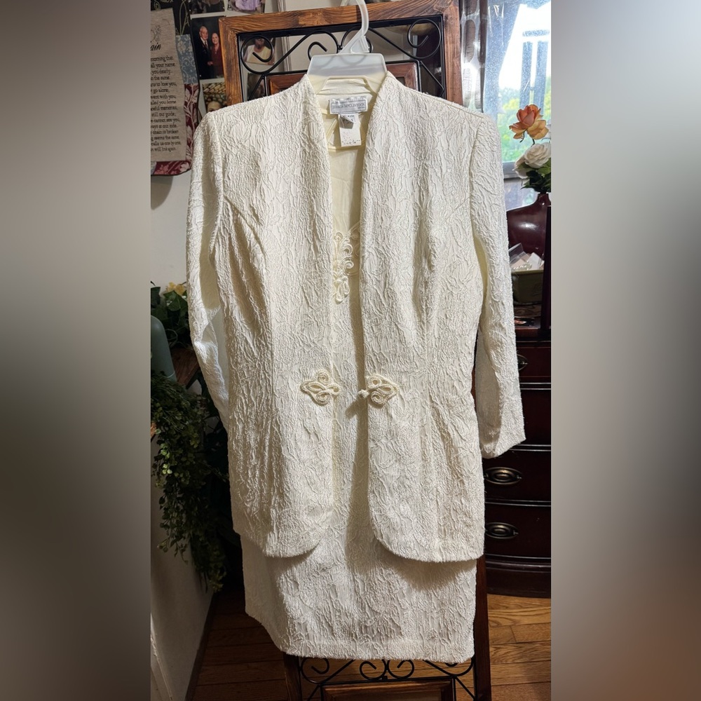 Vintage Jessica McClintock ivory jacquard bridal/formal dress ensemble 13/14